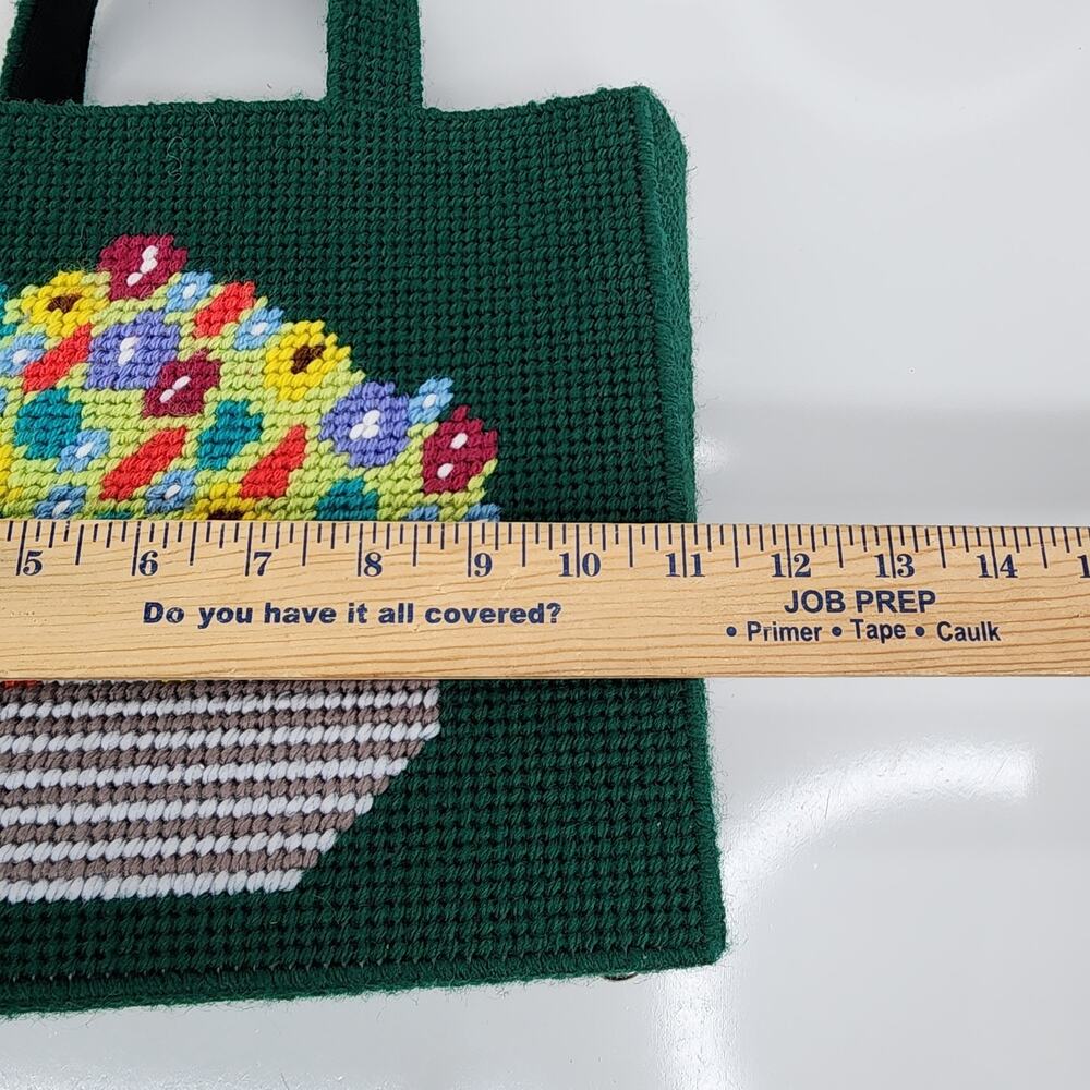 VTG Handmade Needlepoint Tote Bag Floral Canvas Plastic Purse Craft Knit 11x9 - Picture 13 of 15